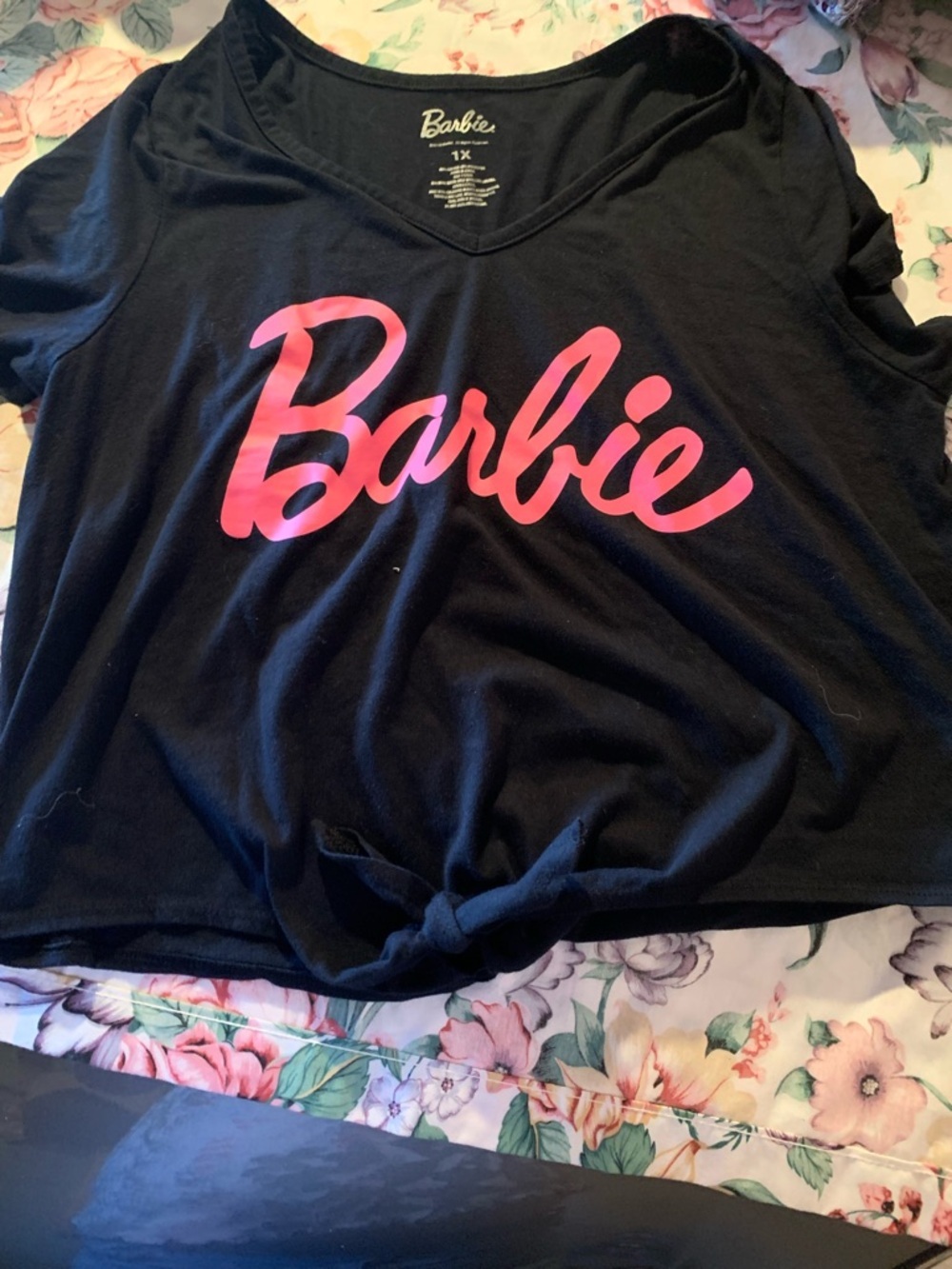 Barbie Black Short-Sleeve V-Neck Tee with Pink Logo and Front Tie Size 1X